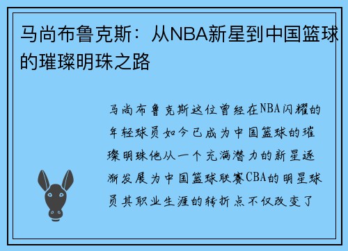 马尚布鲁克斯：从NBA新星到中国篮球的璀璨明珠之路
