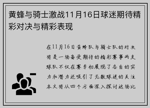 黄蜂与骑士激战11月16日球迷期待精彩对决与精彩表现